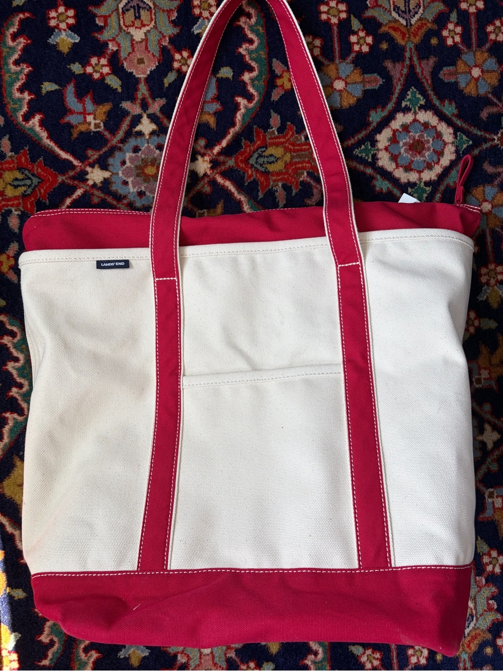 Lands' End XL Cream Canvas Tote with Red Trim, Long Handles & Top Zipper